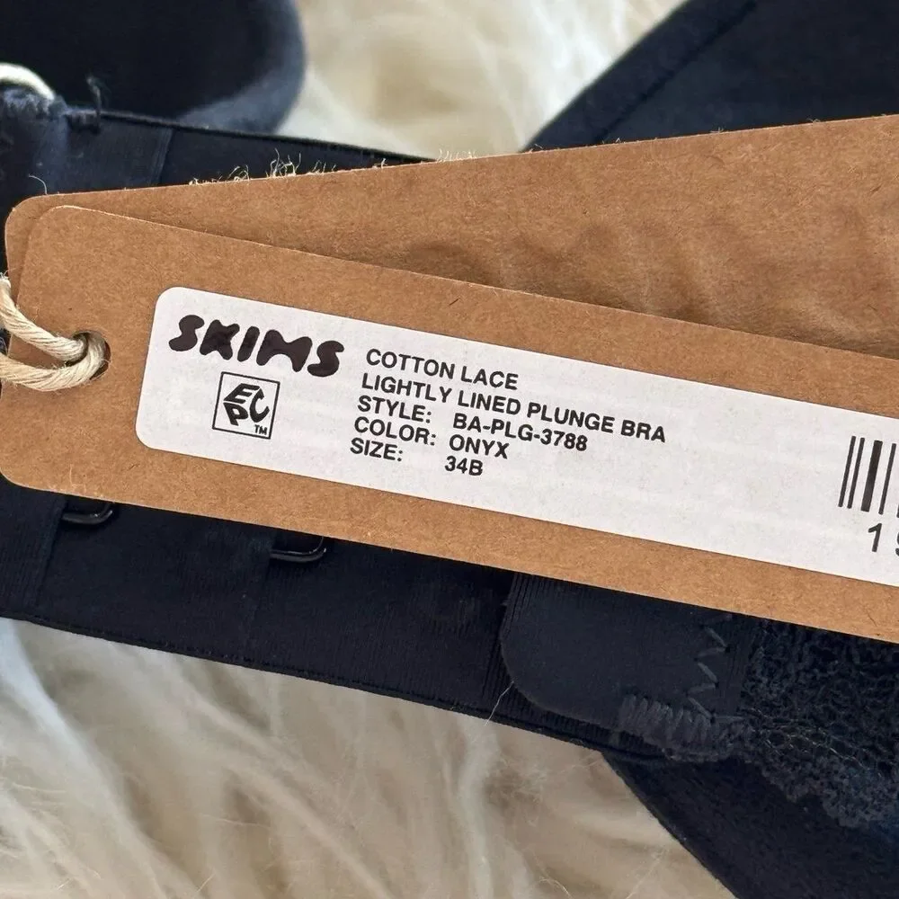 Skims Cotton Lace Lightly Lined Plunge Bra Onyx Size 34B - Picture 8 of 8